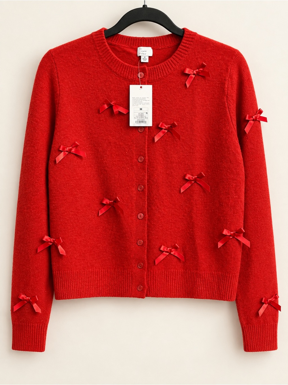 A New Day Red Satin Bow Button Front Cardigan Medium NWT